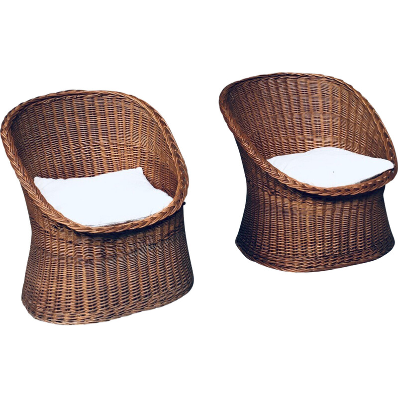 Pair of vintage chairs with rattan and cane, France 1950