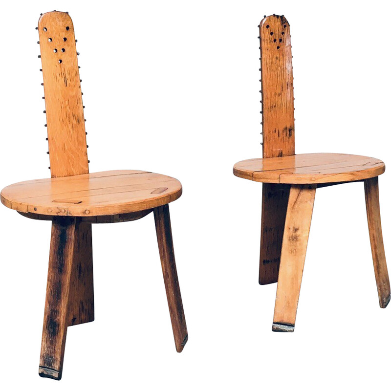 Pair of vintage Sawback side chairs in light oak, France 1960