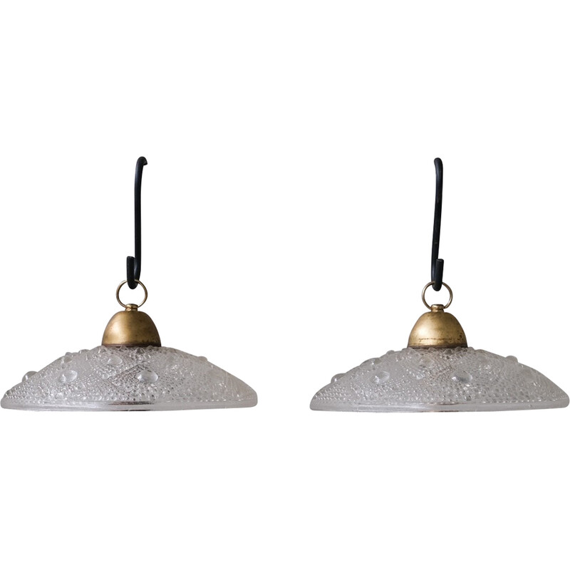 Pair of vintage brass and glass pendant lamp, France 1960