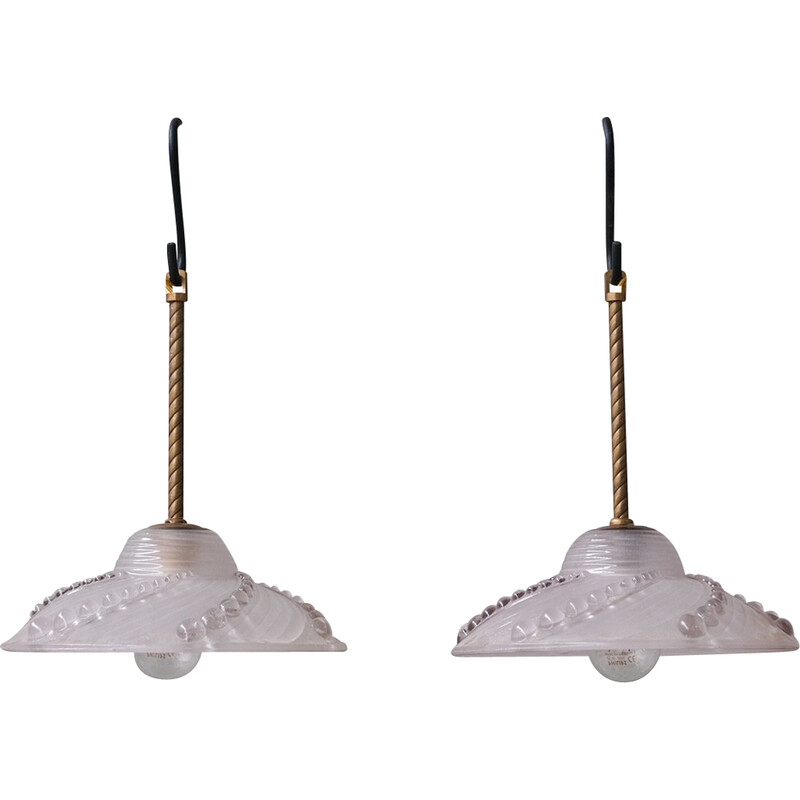 Pair of vintage brass and glass pendant lamp, France 1970