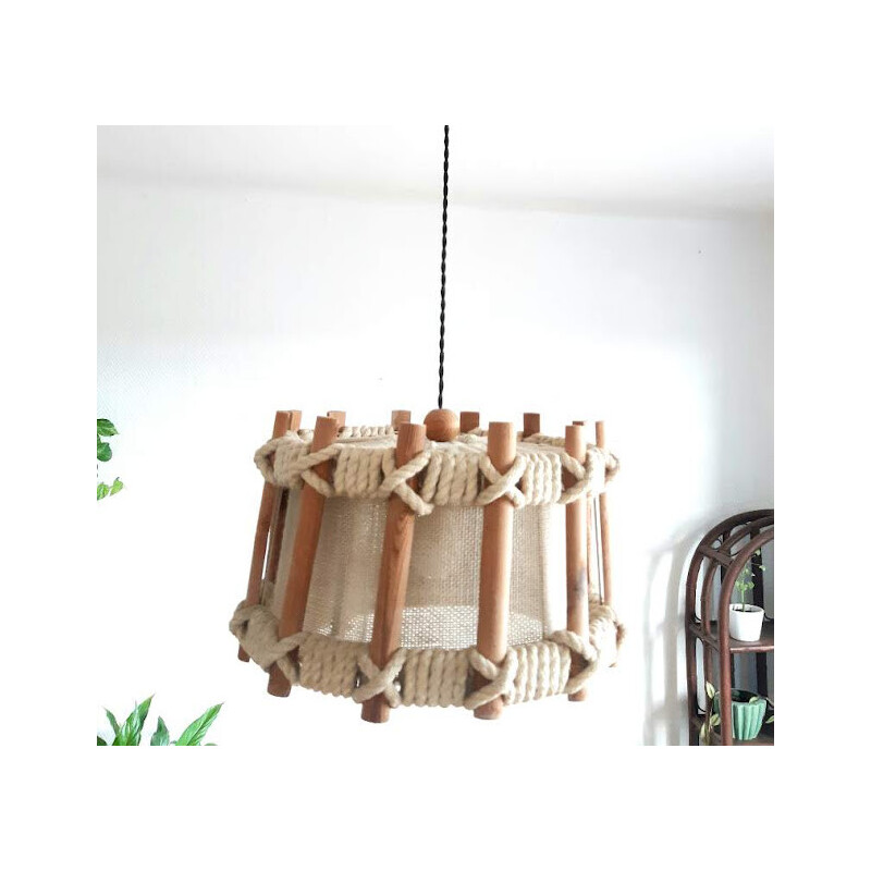 Vintage rope and fabric pendant light, 1970