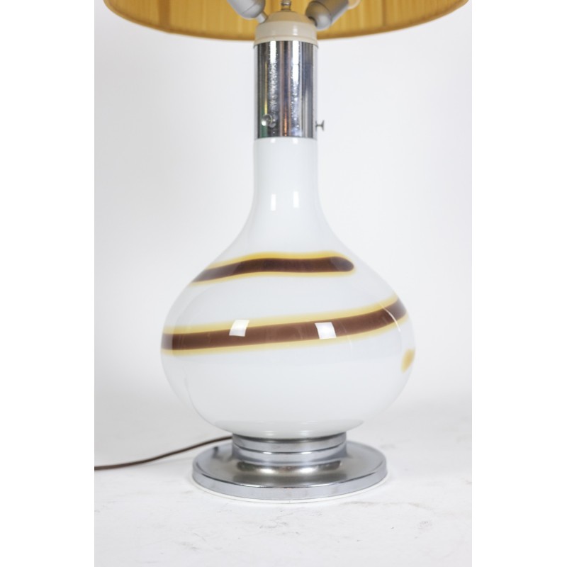 Vintage white glass lamp decorated with a brown and yellow spiral, Italy 1970