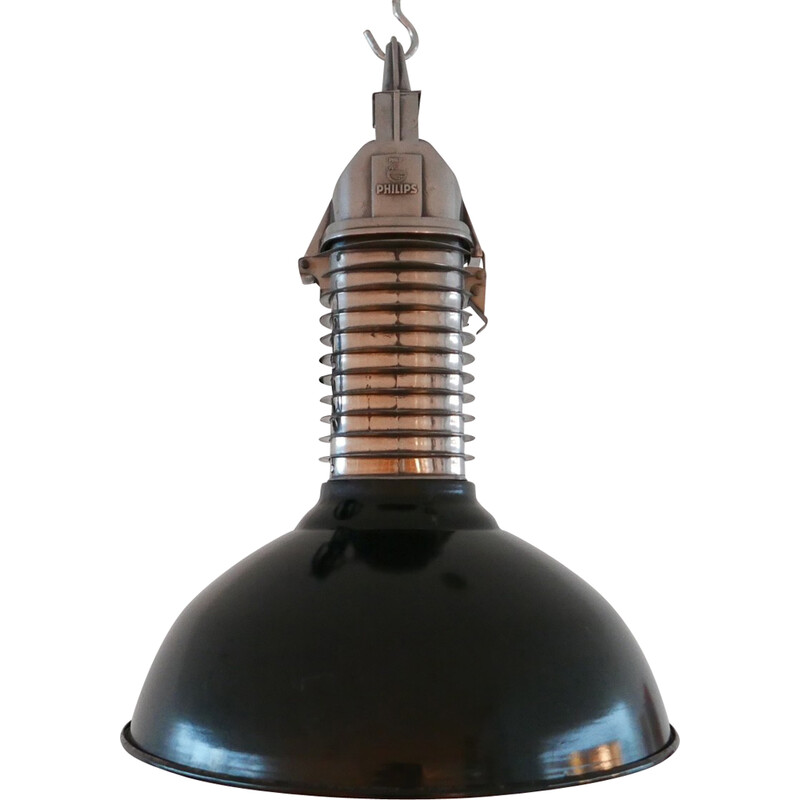Pair of vintage industrial cast aluminum pendant lamp for Philips, Netherlands 1950