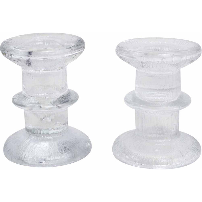 Pair of vintage thick glass candlesticks by Timo Sarpaneva for Iittala Finland, 1966