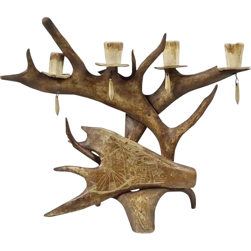 Vintage traditional reindeer wood candlestick, Sweden 1950