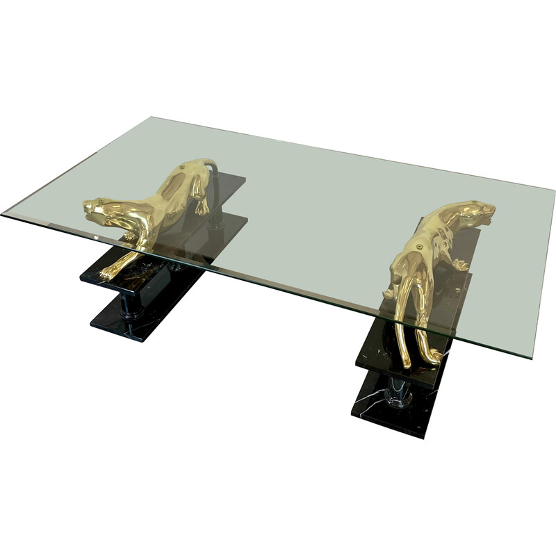 Vintage coffee table Panther in bronze and marble, France 1980