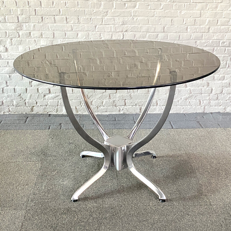 Vintage dining table in smoked glass and brushed aluminum, Germany 1989