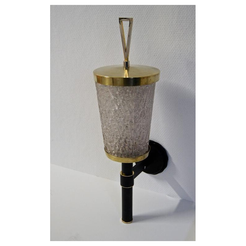Black brass and glass wall lamp produced by Arlus - 1960s