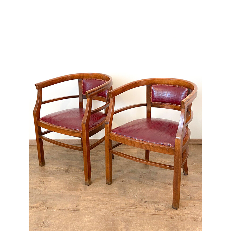 Set of 4 vintage Art Deco armchairs in wood and imitation leather, Italy 1940