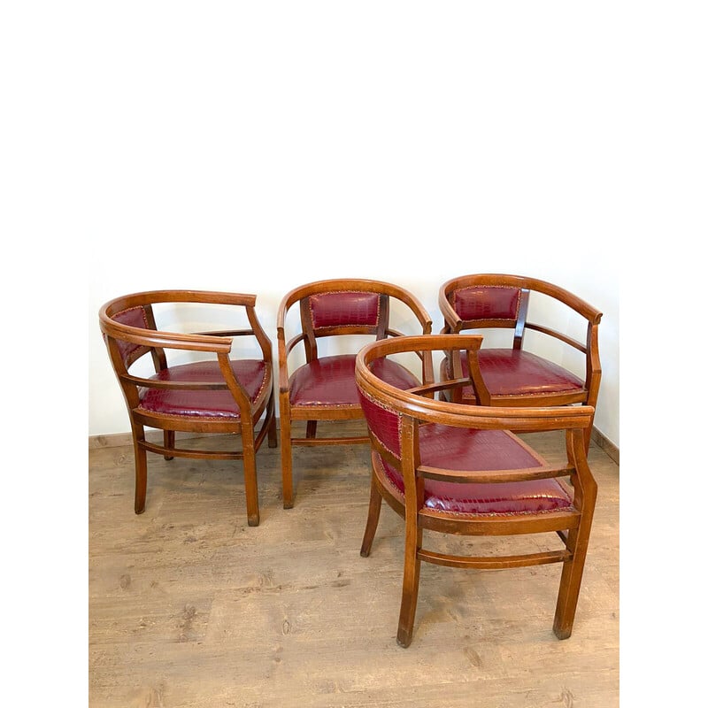 Ensemble de 4 fauteuils vintage Art Déco en bois et simili cuir, Italie 1940