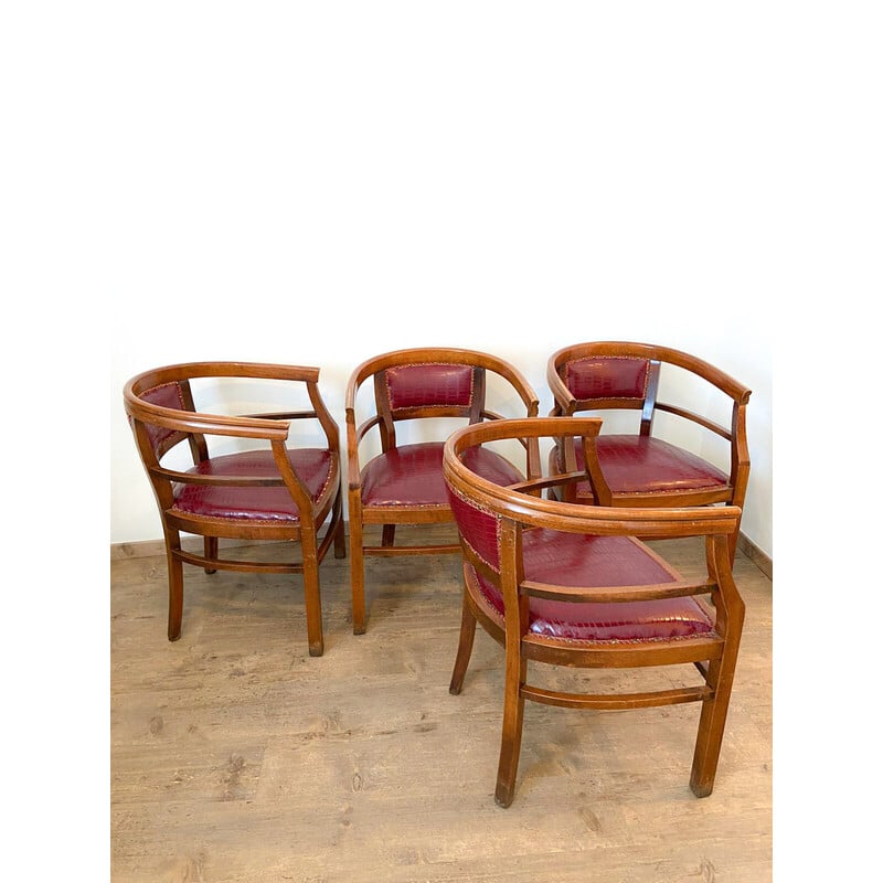 Set of 4 vintage Art Deco armchairs in wood and imitation leather, Italy 1940
