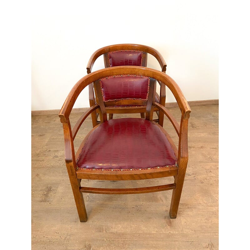 Ensemble de 4 fauteuils vintage Art Déco en bois et simili cuir, Italie 1940