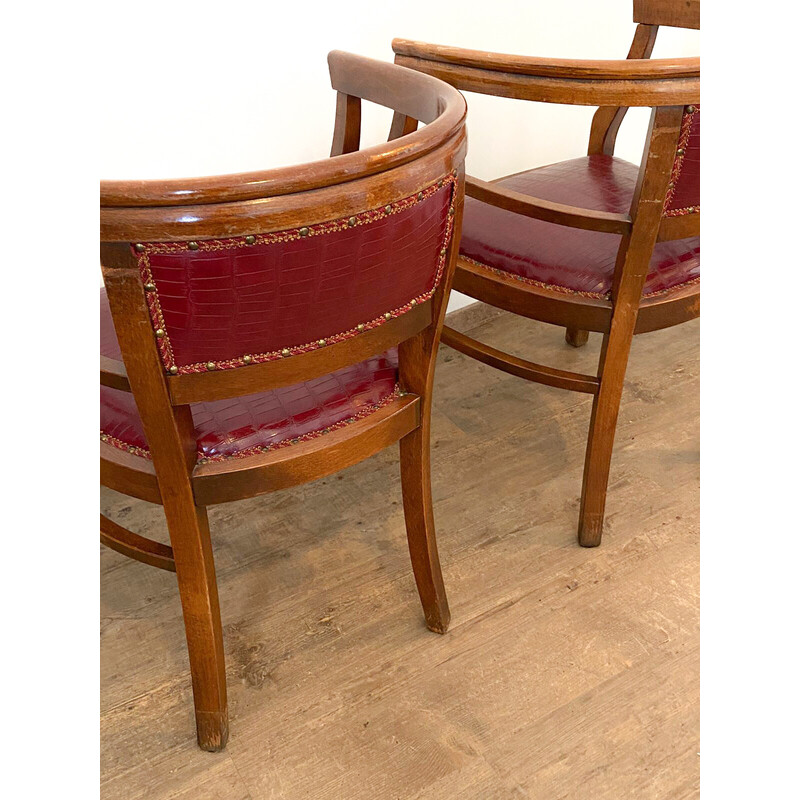 Set of 4 vintage Art Deco armchairs in wood and imitation leather, Italy 1940