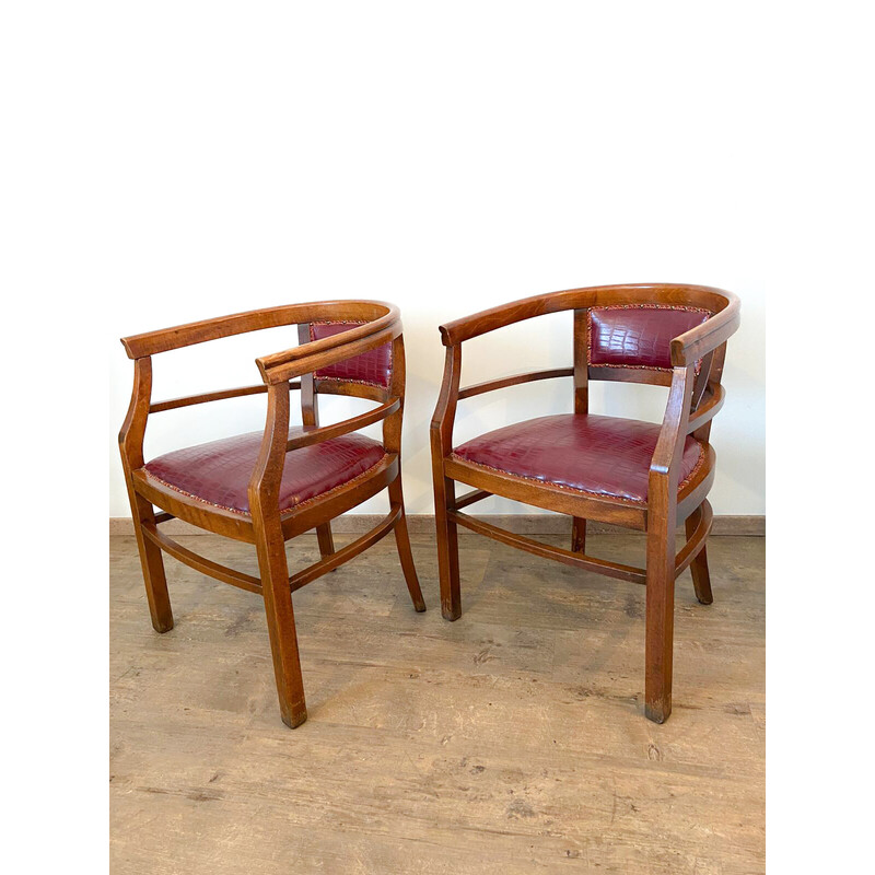 Set of 4 vintage Art Deco armchairs in wood and imitation leather, Italy 1940