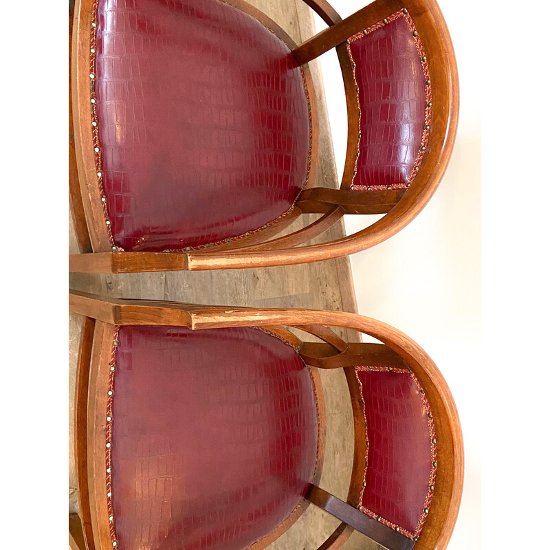 Set of 4 vintage Art Deco armchairs in wood and imitation leather, Italy 1940