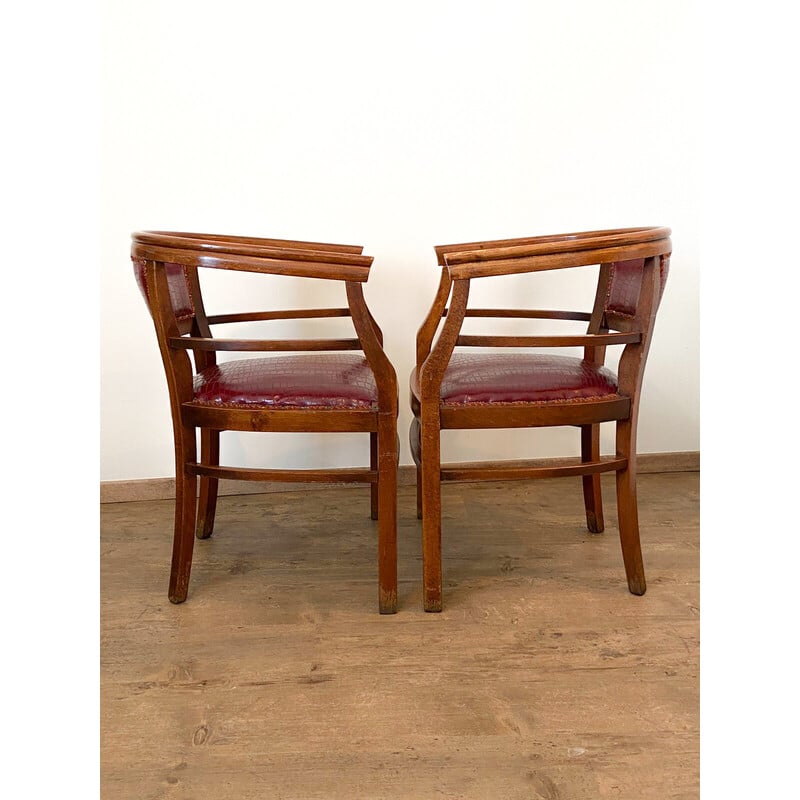 Ensemble de 4 fauteuils vintage Art Déco en bois et simili cuir, Italie 1940
