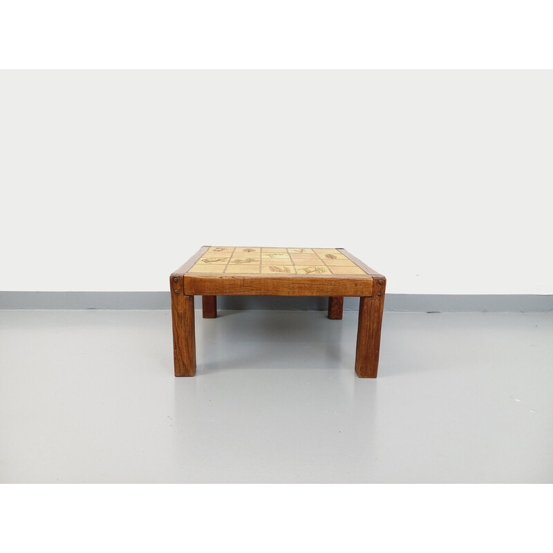 Vintage square coffee table in solid oak and ceramic for Vallauris, 1970