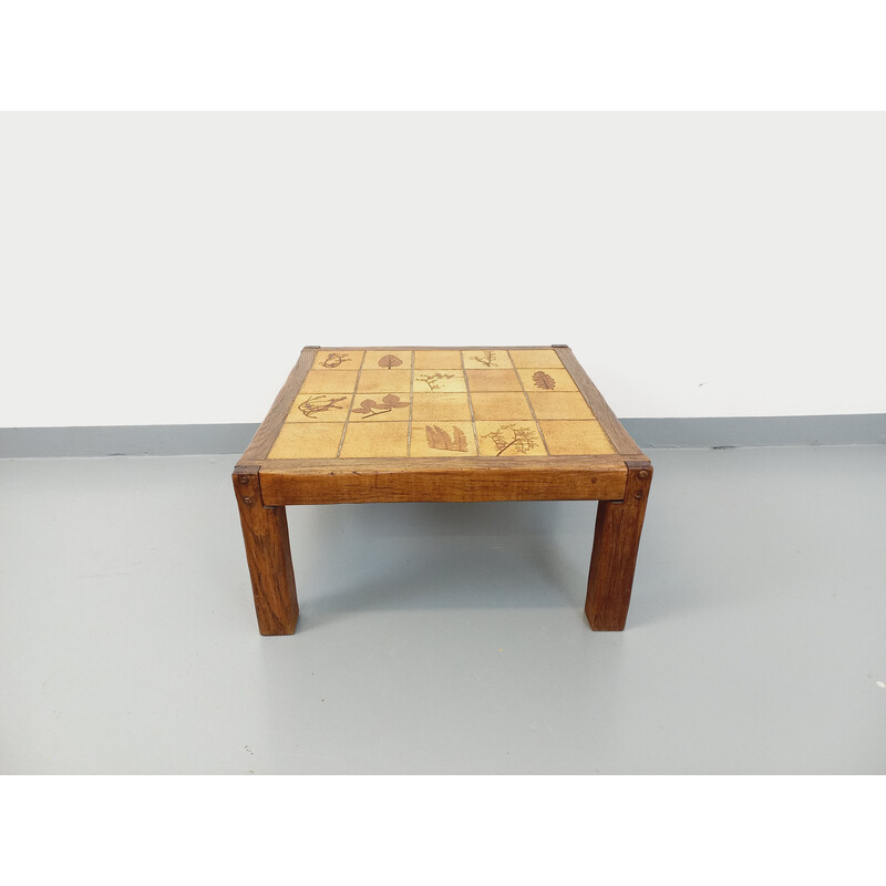 Vintage square coffee table in solid oak and ceramic for Vallauris, 1970