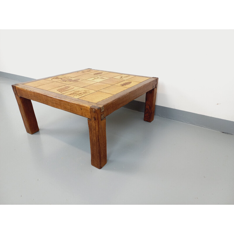 Vintage square coffee table in solid oak and ceramic for Vallauris, 1970