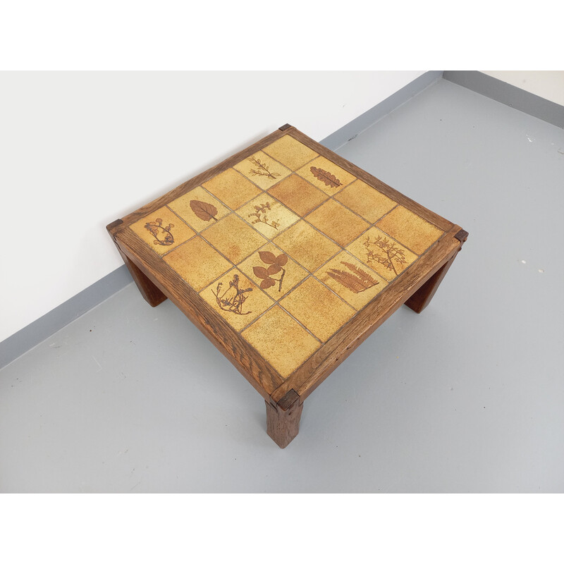 Vintage square coffee table in solid oak and ceramic for Vallauris, 1970