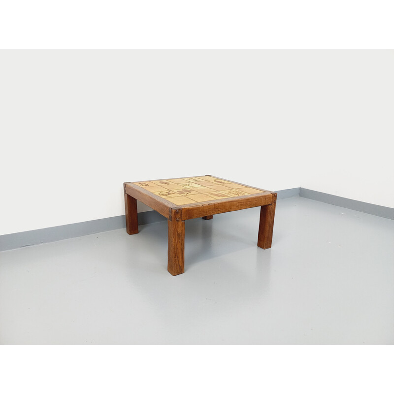 Vintage square coffee table in solid oak and ceramic for Vallauris, 1970