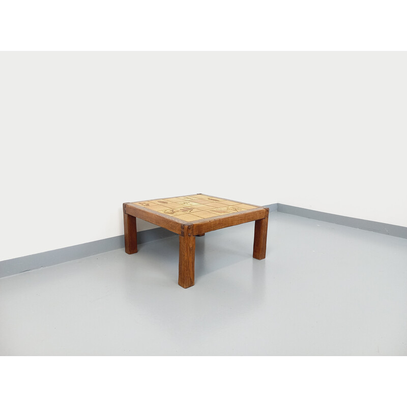 Table basse vintage carrée en chêne massif et céramique pour Vallauris, 1970