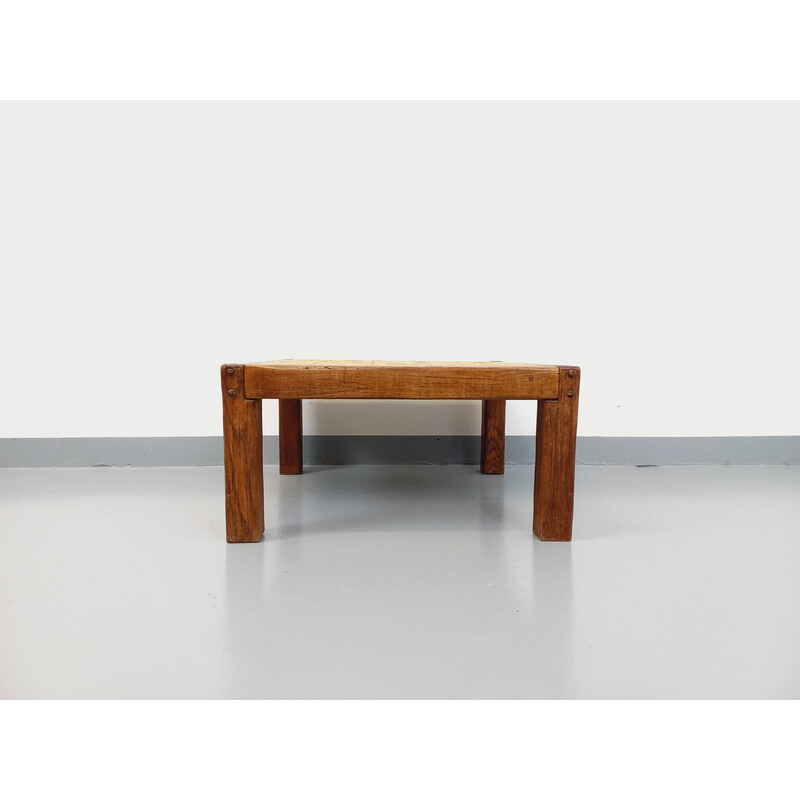 Vintage square coffee table in solid oak and ceramic for Vallauris, 1970