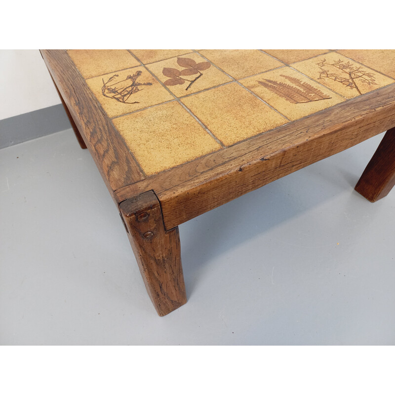 Vintage square coffee table in solid oak and ceramic for Vallauris, 1970