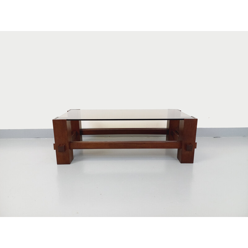 Vintage coffee table in wood and smoked glass by Max Ingrand for Fontana Arte, Italy 1960