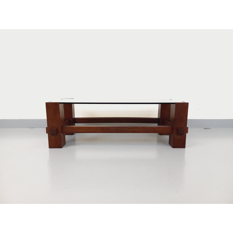 Vintage coffee table in wood and smoked glass by Max Ingrand for Fontana Arte, Italy 1960