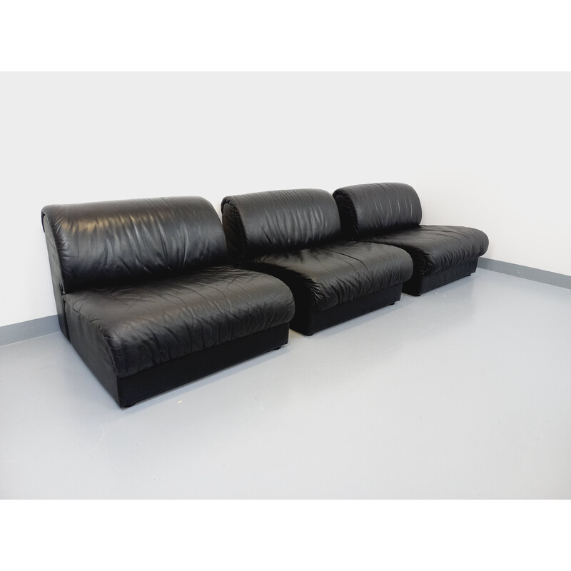 Vintage 3-seater sofa in black leather for Delta Studio, Italy 1970