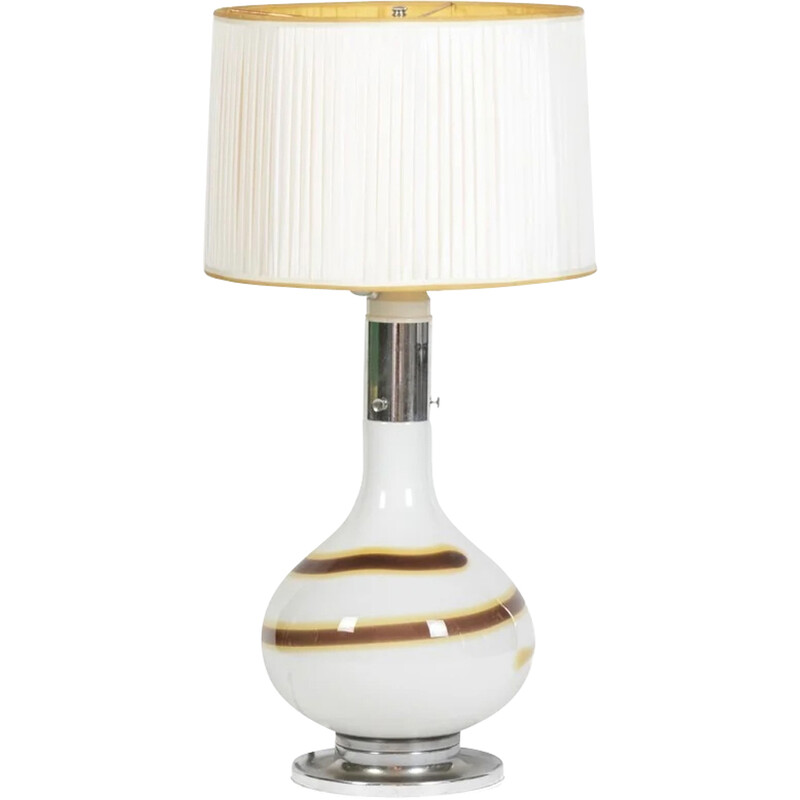 Vintage white glass lamp decorated with a brown and yellow spiral, Italy 1970