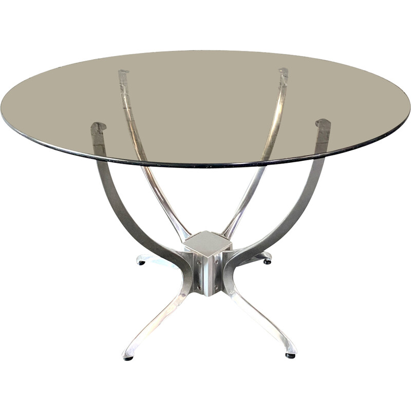 Vintage dining table in smoked glass and brushed aluminum, Germany 1989