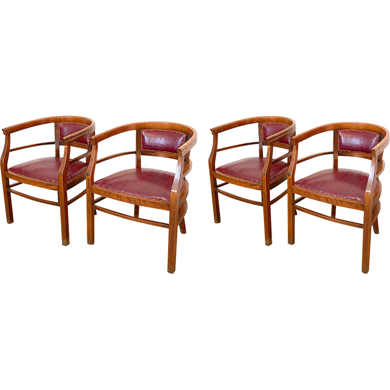 Set of 4 vintage Art Deco armchairs in wood and imitation leather, Italy 1940