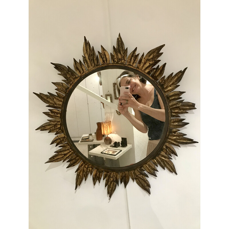 Vintage sun mirror decorated with leaves in gold metal, 1950