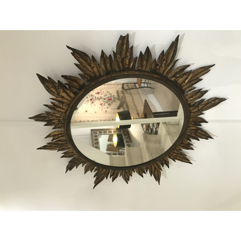 Vintage sun mirror decorated with leaves in gold metal, 1950