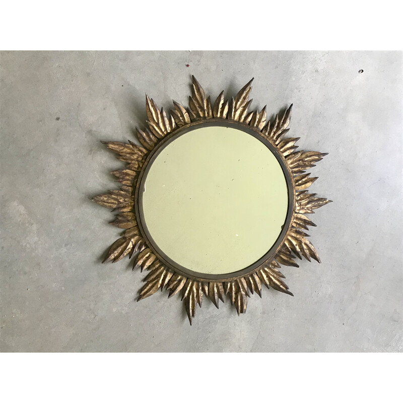 Vintage sun mirror decorated with leaves in gold metal, 1950