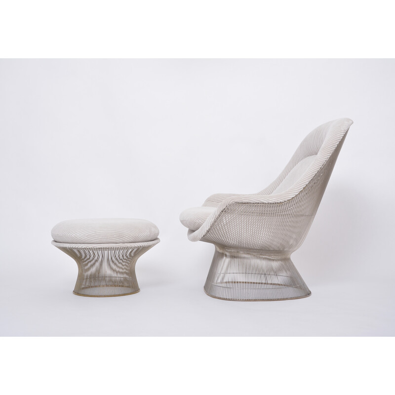 Vintage curved steel armchair with ottoman by Warren Platner