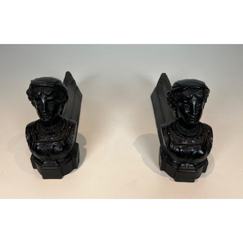 Pair of vintage cast-iron andirons depicting a woman and marked "Italian", France 1950