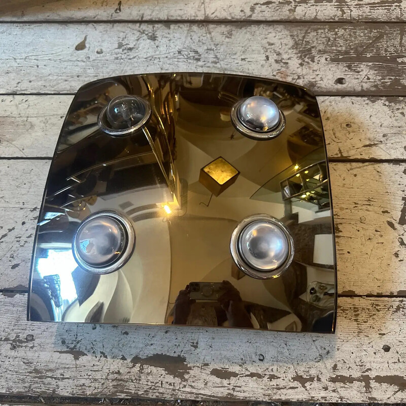 Vintage Space Age 4-light square smoked mirror glass ceiling lamp for Veca, Italy 1970