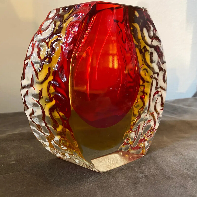 Vintage Sommerso red and yellow Murano glass vase for Mandruzzato, Italy 1960