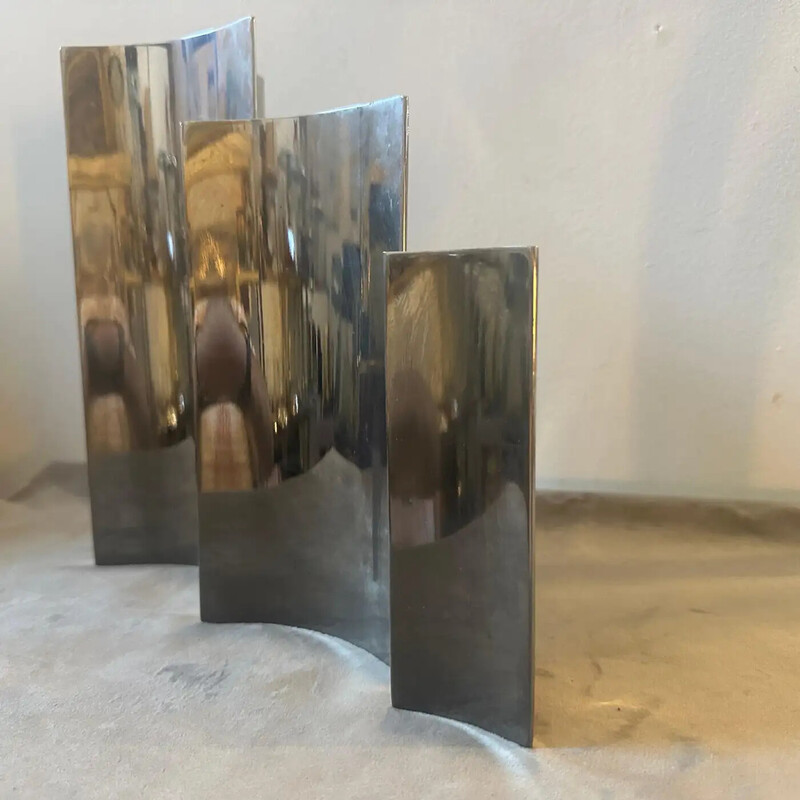 Set of 3 vintage triangular steel vases, Italy 1980