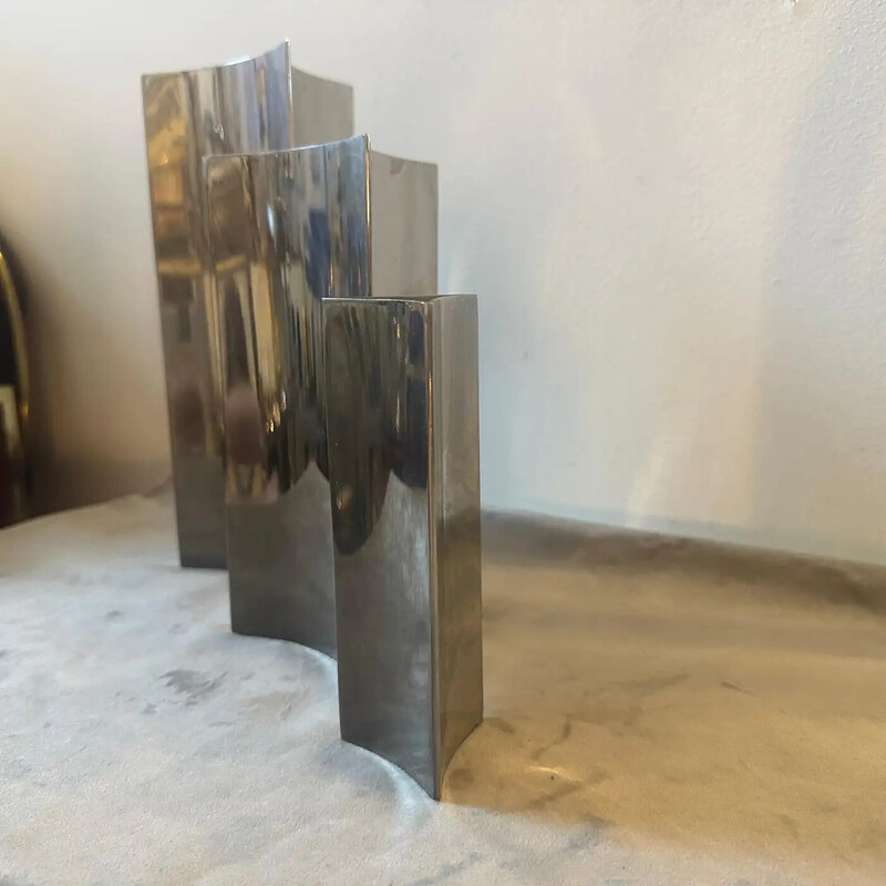 Set of 3 vintage triangular steel vases, Italy 1980