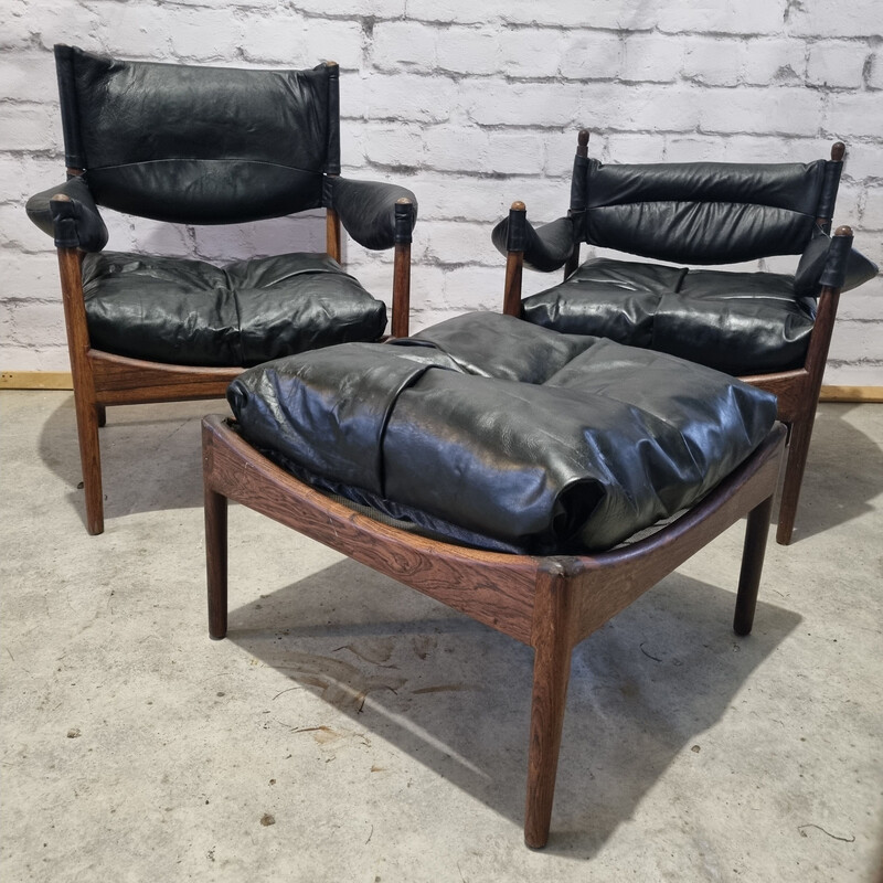 Paire de fauteuils vintage en palissandre et cuir avec ottoman par Kristian Vedel "Modus" pour Willadsen Møbelfabrik, 1960