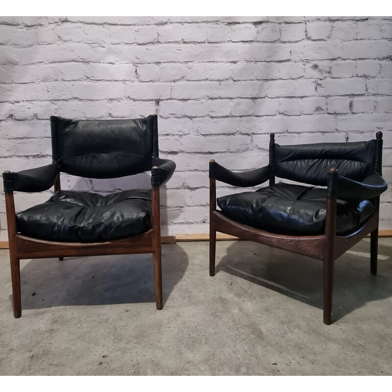 Pair of vintage rosewood and leather armchairs with ottoman by Kristian Vedel "Modus" for Willadsen Møbelfabrik, 1960