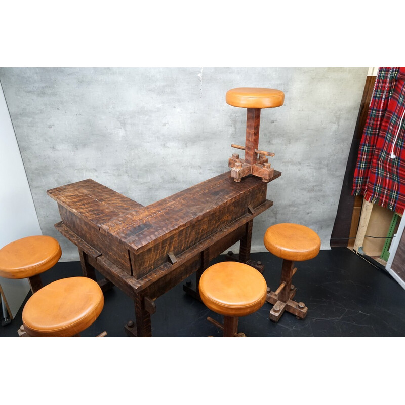 Vintage wooden corner bar with 6 stools, 1950