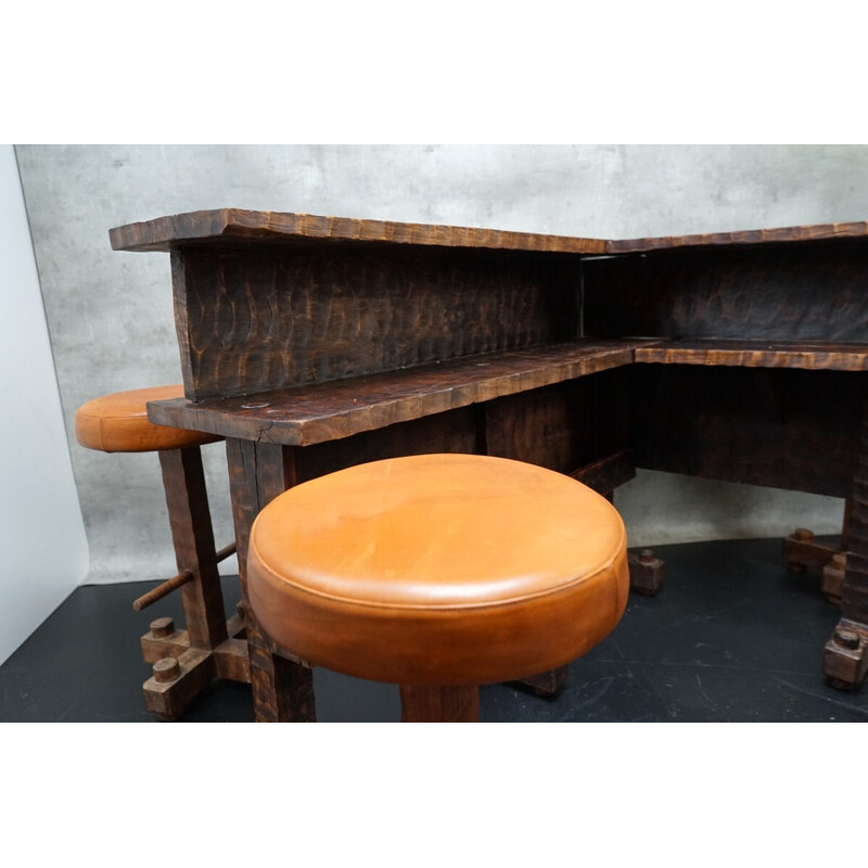 Vintage wooden corner bar with 6 stools, 1950