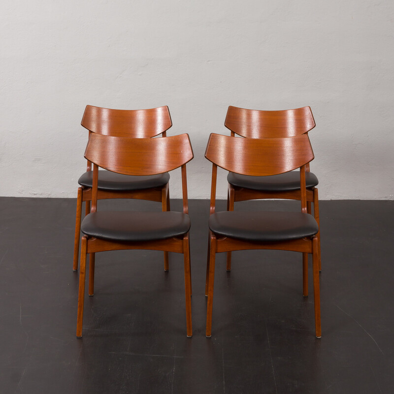 Ensemble de 4 chaises à repas vintage en teck et cuir aniline noir par Funder-Schmidt et Madsen, Danemark 1960