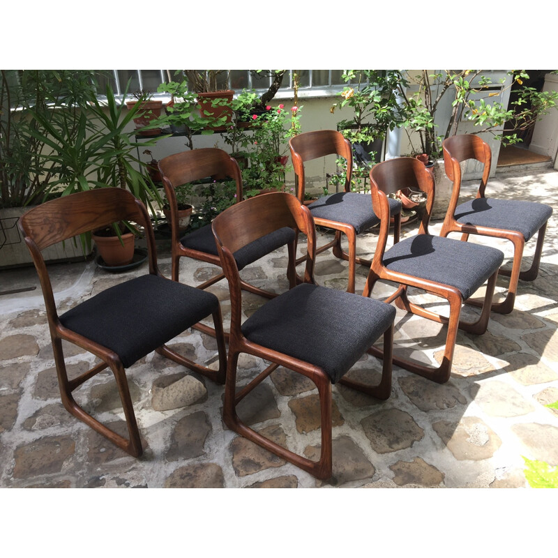 Set of 6 grey Baumann sled chairs in ashwood and fabric - 1960s