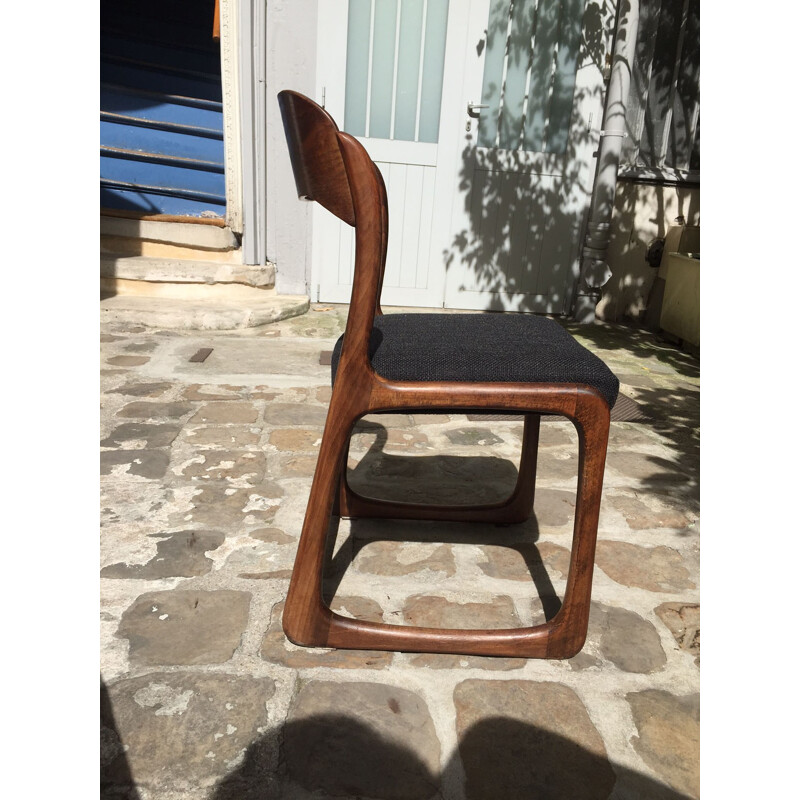 Set of 6 grey Baumann sled chairs in ashwood and fabric - 1960s